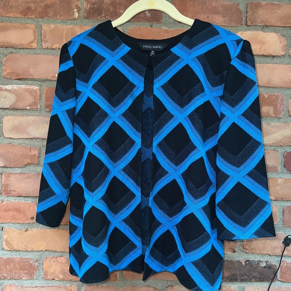Ming Wang Women's Blue Black Diamond Print Cardigan Sweater Jacket ~Petite Large - Picture 1 of 7